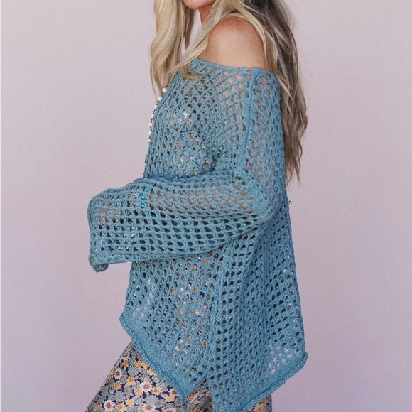 POL- NWOT Teal Crochet Knit Top - Picture 4 of 10